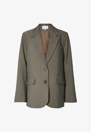 Oliivinvihreä takki, jossa on läpällinen kaulus, yksirivinen malli, kaksi etutaskua ja ruskea satiinivuori. Varustettu kahdella napilla.