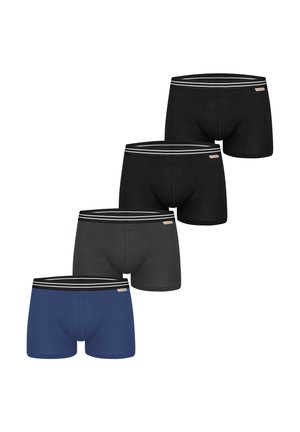 Vier Herren-Boxershorts in Schwarz, Dunkelgrau und Marineblau, jeweils mit einem schwarzen Bund mit weißen Streifen und einem kleinen Logo-Patch.