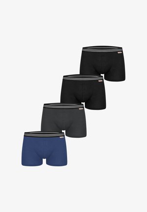 Vier Herren-Boxershorts in Schwarz, Dunkelgrau und Marineblau, jeweils mit einem schwarzen Bund mit weißen Streifen und einem kleinen Logo-Patch.