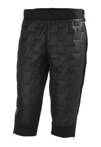Czarne, pikowane, skrócone spodnie z wypełnieniem, z elastycznym pasem i zamykanymi na zamek bocznymi kieszeniami. Materiał jest gładki i lekki.