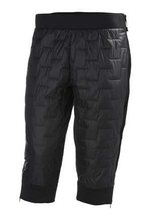 Pantalones recortados acolchados negros con textura acolchada, cintura elástica y bolsillos laterales con cremallera. La tela es suave y ligera.