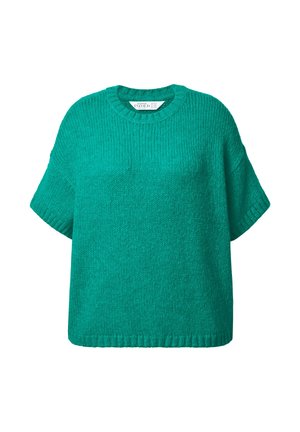 Suéter verde de punto con manga corta, cuello redondo, corte holgado y textura de canalé. Presenta un dobladillo recto y sin patrones visibles.