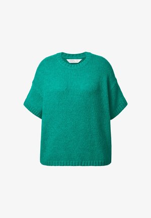 Grüner gestrickter Kurzarmpullover mit rundem Ausschnitt, lockerer Passform und Rippstruktur. Verfügt über einen geraden Saum und keine sichtbaren Muster.