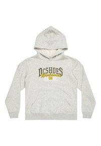 Grijze hoodie van zacht materiaal, met een voorvak, een capuchon met trekkoord en het logo "DC Shoes Worldwide" in blauw en geel.