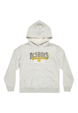 Grijze hoodie van zacht materiaal, met een voorvak, een capuchon met trekkoord en het logo "DC Shoes Worldwide" in blauw en geel.