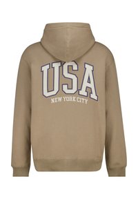 Hooded sweatshirt in beige with a soft texture. Features large "USA" lettering and "NEW YORK CITY" underneath in contrasting colors.