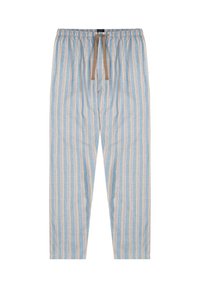 Pantaloni a righe azzurro chiaro realizzati in tessuto traspirante. Presentano una cintura elastica con coulisse e righe verticali beige e crema.