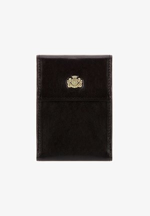 Black leather wallet featuring a smooth texture, gold emblem with "WITTCHEN," and a sleek rectangular shape. Accents include stitched edges.