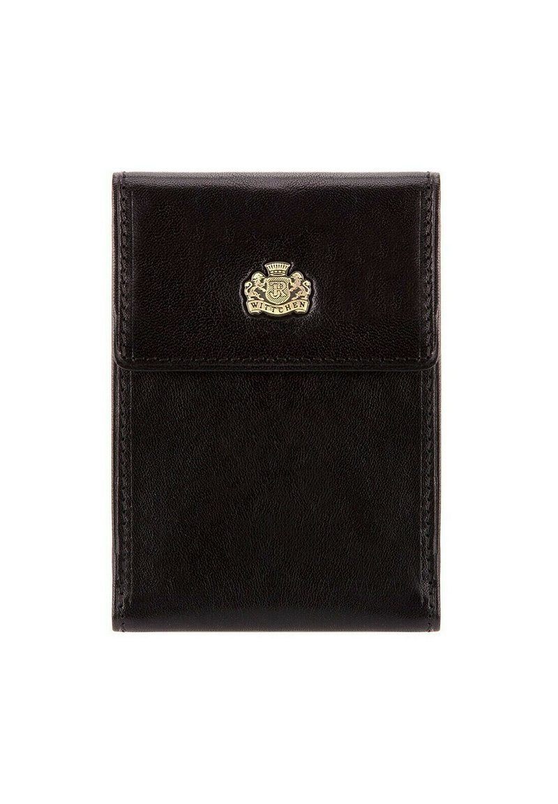 Zwarte leren portemonnee met een gladde textuur, gouden embleem met "WITTCHEN" en een elegante rechthoekige vorm. Accenten omvatten gestikte randen.