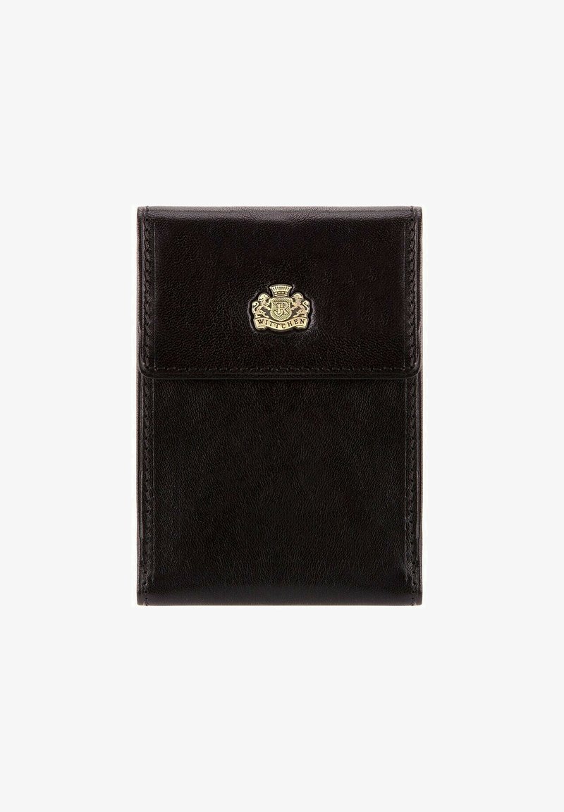 Zwarte leren portemonnee met een gladde textuur, gouden embleem met "WITTCHEN" en een elegante rechthoekige vorm. Accenten omvatten gestikte randen.
