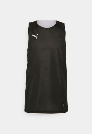 Schwarzes ärmelloses Sporttrikot aus atmungsaktivem Mesh-Material. Hat ein weißes Puma-Logo auf der Brust und einen kontrastierenden grauen Kragen.