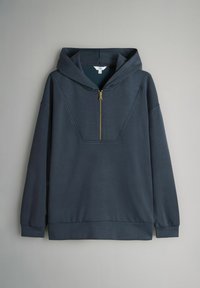 Felpa con cappuccio blu scuro, con zip a un quarto e zip dorata, caratterizzata da un tessuto testurizzato e una vestibilità oversize.