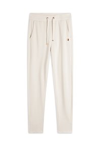 Pantalones de chándal beiges con cordón, que cuentan con bolsillos laterales, una textura suave y un sutil detalle de logo en la cintura.