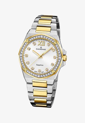 Silberne und goldene Edelstahl-Uhr mit octagonalem Gehäuse, diamantbesetzter Lünette und einem weißen Zifferblatt mit römischen Ziffern und goldenen Akzenten.