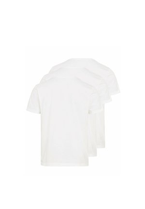 Tre ensfarvede, hvide T-shirts med korte ærmer præsenteret i en række, lavet af bomuld, med rund halsudskæring og almindelig pasform uden mønstre.