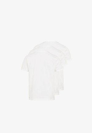 Tre ensfarvede, hvide T-shirts med korte ærmer præsenteret i en række, lavet af bomuld, med rund halsudskæring og almindelig pasform uden mønstre.