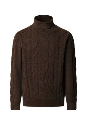Suéter de cuello alto de punto trenzado marrón, con puños y dobladillo acanalados. Mezcla de lana suave y texturizada con un diseño grueso y cálido.