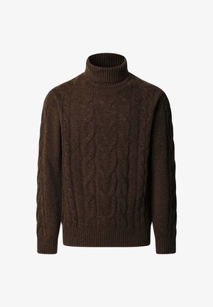 Maglione a collo alto in maglia cable brown, con polsini e orlo a costine. Morbido, in misto lana con una trama spessa e caldo.