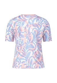 Kortärmad t-shirt med ett blommönster i blått och rosa på en vit bakgrund. Mjuk tyg, rund halsringning och avslappnad passform.