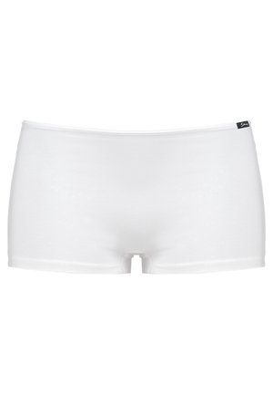 Boxer shorts brancos de algodão com uma textura suave, cintura elástica e comprimento de perna curto, apresentando uma pequena etiqueta de logotipo na cintura.