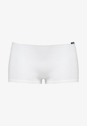 White cotton boxer shorts with a smooth texture, elastic waistband, and short leg length, featuring a small logo tag on the waistband.