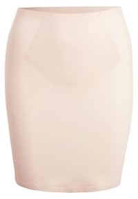 Saia lápis nude feita de um tecido liso e elástico. Apresenta um design ajustado com um corte até o joelho e um acabamento sem emendas.