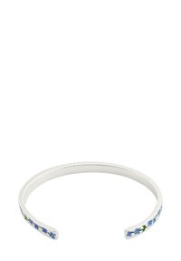 Silver-tone cuff bracelet with a smooth surface and a floral pattern in blue and green along one edge. Open design allows for adjustable fit.