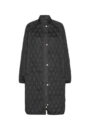 Zwarte gewatteerde lange jas met ruitpatroon, voorzien van een staande kraag, drukknopen en zijzakken. Soepele textuur en een relaxte pasvorm.