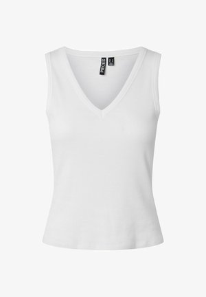 Top blanco sin mangas con textura de canalé, escote en V, silueta ajustada y etiqueta de la marca en el interior del cuello.