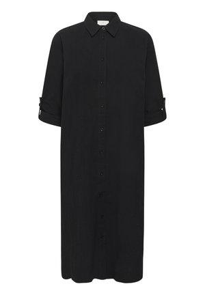 Schwarzes Hemdkleid mit Kragen, hochgerollten langen Ärmeln und gerader Silhouette. Aus einem leichten Stoff mit glatter Textur gefertigt.