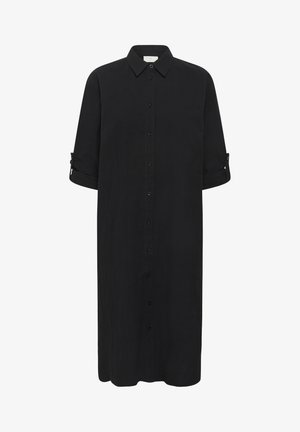 Mustast nööbiga kleit, millel on krae, pika varrukaga, rullitud varrukad ja sirge siluett. Valmistatud kergest kangast, millel on sile tekstuur.