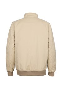 Jachetă bomber bej cu guler în picioare, manșete și talie ribbate. Material fin și ușor, cu un design simplu, fără embellismente.