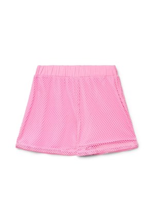 Shorts rosa in rete con vita elastica, caratterizzati da una trama a motivo a diamante e una vestibilità comoda su sfondo bianco.