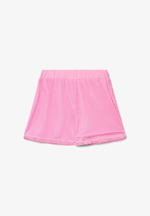 Shorts rosa in rete con vita elastica, caratterizzati da una trama a motivo a diamante e una vestibilità comoda su sfondo bianco.
