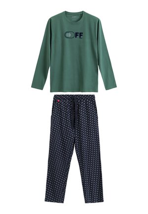 Zielona koszula z długim rękawem z logo "OFF". Granatowe spodnie w wzory z elastycznym pasem i sznurkiem. Tkanina z mieszanki bawełny, luźny krój.