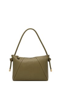 Borsa a mano in pelle verde oliva con superficie testurizzata, accenti in due materiali, manico annodato e chiusura con zip superiore.