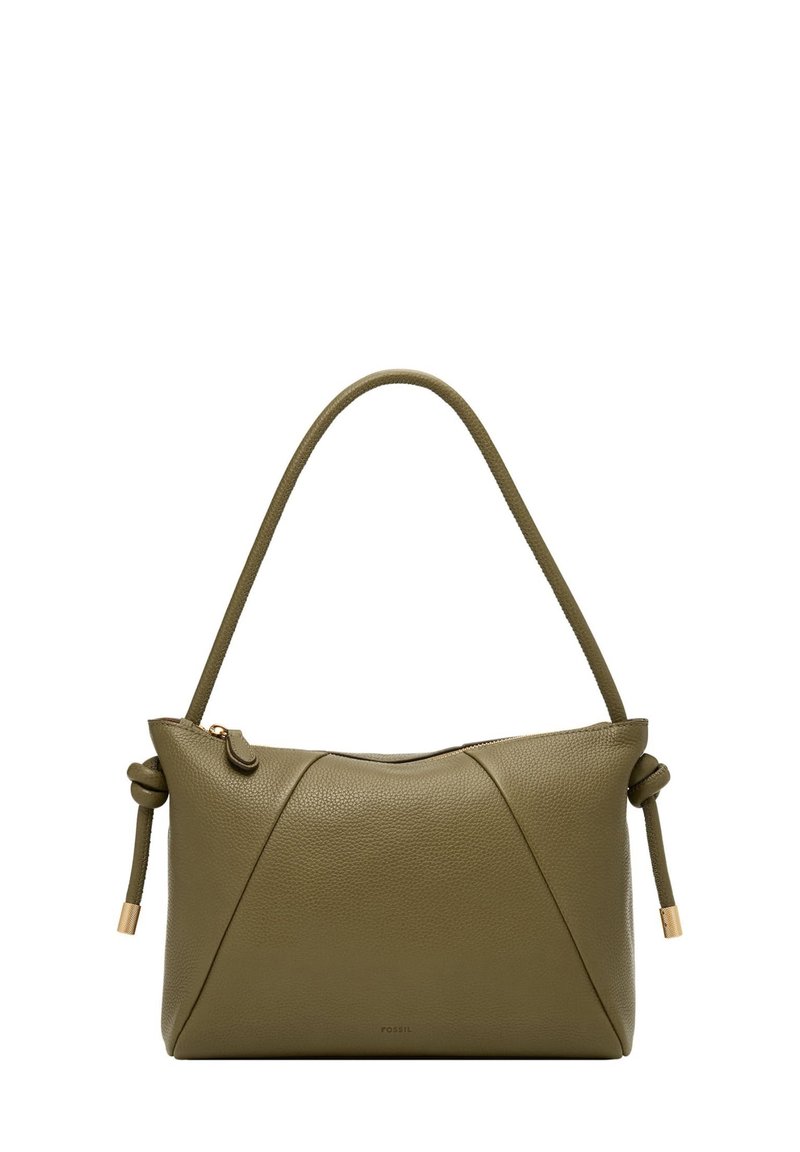 Borsa a mano in pelle verde oliva con superficie testurizzata, accenti in due materiali, manico annodato e chiusura con zip superiore.