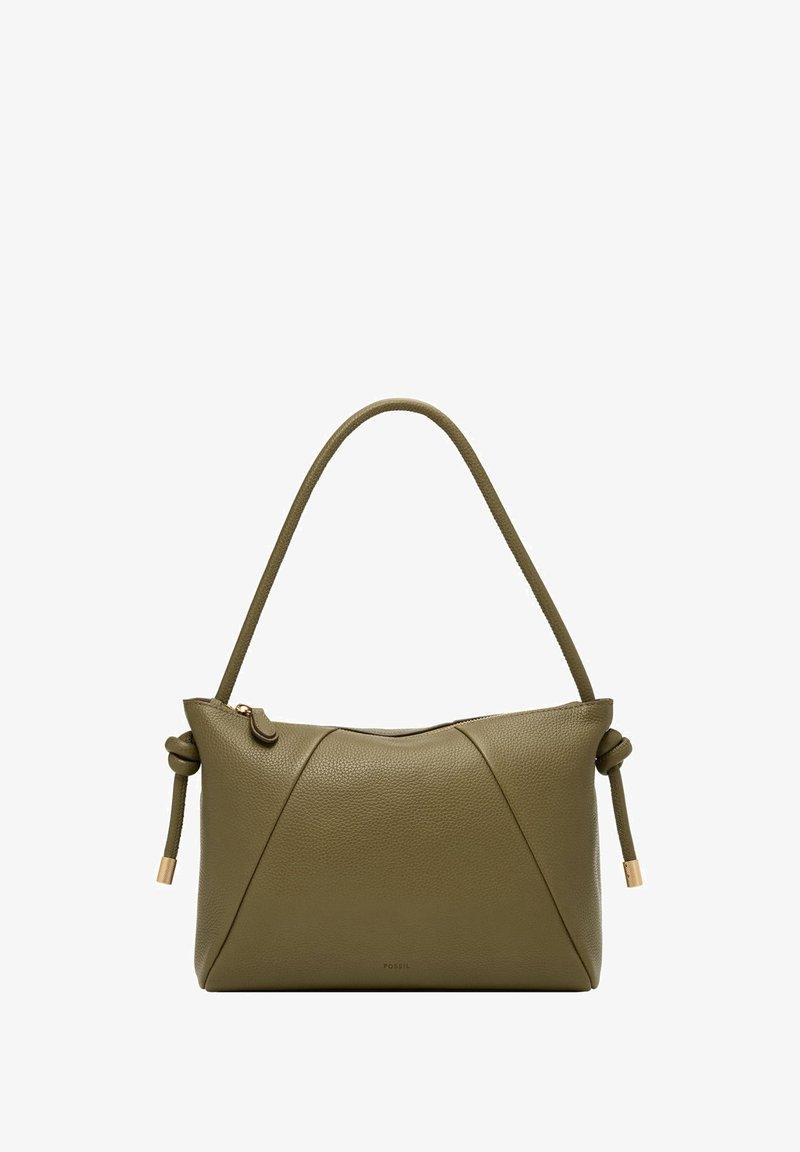 Borsa a mano in pelle verde oliva con superficie testurizzata, accenti in due materiali, manico annodato e chiusura con zip superiore.