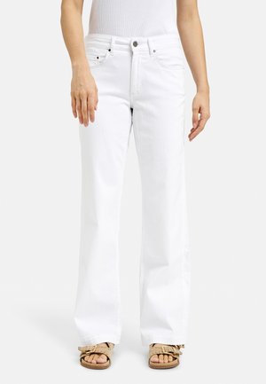 White denim wide-leg jeans with front pockets, button closure, and contrasting stitching. Worn with beige sandals, showing a relaxed fit.