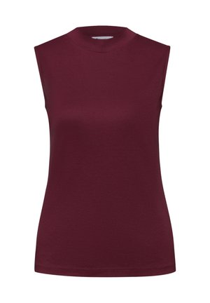 Haut ajusté sans manches de couleur bordeaux à col montant, en tissu lisse avec un ourlet droit, présenté sur fond blanc.