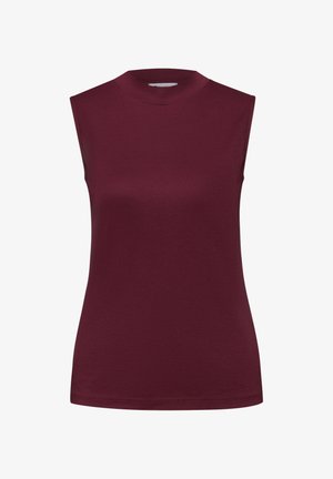 Bezruký vínově červený top s vysokým límcem, přiléhavý střih, hladká látka a rovný lem, na bílém pozadí.