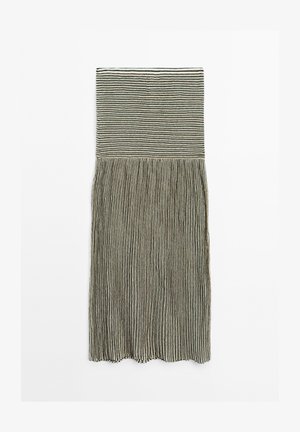 Gonna plissettata con un motivo a strisce orizzontali in colori delicati. Tessuto morbido con una finitura texture e un orlo a scallop.
