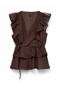Brun peplum-top lavet af let stof, med en dyb V-hals, voluminøse ærmer og en bælteadapteret talje for justerbar pasform.