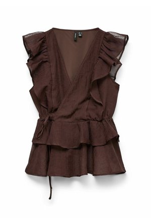 Brun peplum-top lavet af let stof, med en dyb V-hals, voluminøse ærmer og en bælteadapteret talje for justerbar pasform.