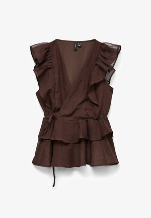 Brun peplum topp laget av lett stoff, med dyp v-hals, volang-ermer og belte i midjen for justerbar passform.
