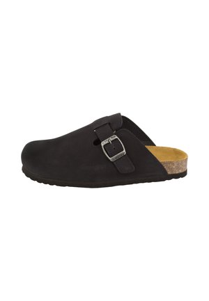 Black slip-on clog with a silver buckle on the side and a cork footbed with a soft tan insole.