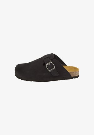 Schwarzer Slip-On-Clog mit silberner Schnalle an der Seite und Korkfußbett mit weicher, brauner Innensohle.