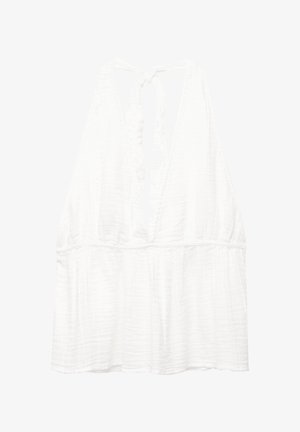 Haut sans manches blanc avec un décolleté en V plongeant, lien ajustable à l'arrière, tissu texturé et silhouette fluide en dessous de la taille.