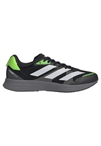 Scarpe da corsa nere con strisce bianche, dettagli verdi, tomaia in rete e suola in gomma grigia dotata della tecnologia di ammortizzazione LIGHTSTRIKE.