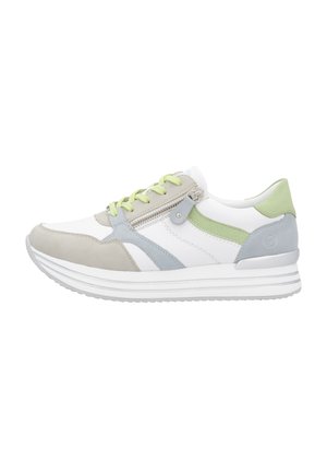 Lace-up sneakers in white, grey, and light green leather. Features a zippered side, textured accents, and a cushioned, ridged sole.